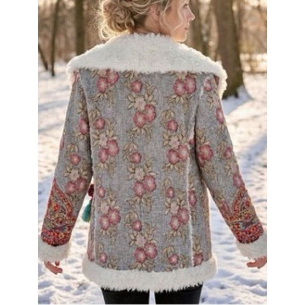 Johnny Was Biya Quarda Floral Faux Shearling Hooded Jacket Size M - Picture 4 of 16